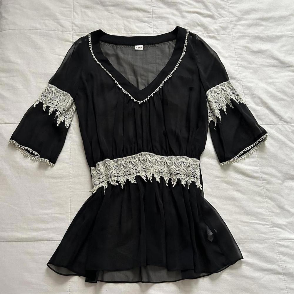 Zara Black Blouse with White Lace Accents